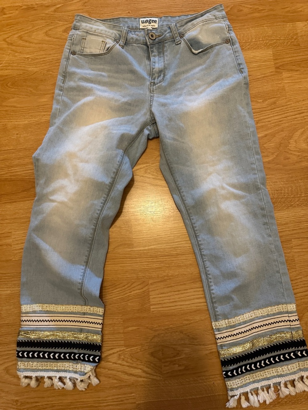 Umgee Light Blue Cropped Jeans with Decorative Fringe Hem